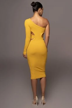 JLUXLABEL MUSTARD VIXEN ONE SHOULDER DRESS NEW ARRIVALS