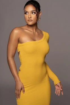 JLUXLABEL MUSTARD VIXEN ONE SHOULDER DRESS NEW ARRIVALS