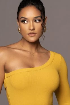 JLUXLABEL MUSTARD VIXEN ONE SHOULDER DRESS NEW ARRIVALS