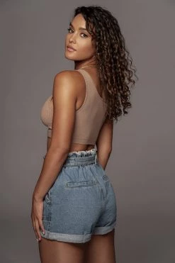 JLUXLABEL TAN SPLIT RIBBED CROPPED TOP TOPS