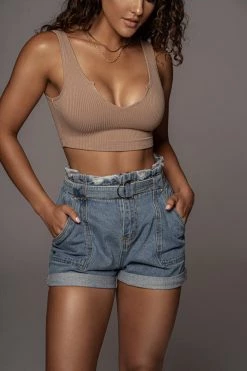 JLUXLABEL TAN SPLIT RIBBED CROPPED TOP TOPS