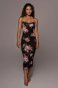 JLUXLABEL BLACK PURPLE FLORAL CASSIA FLORAL STRAP DRESS NEW ARRIVALS