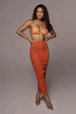 JLUXLABEL BACK IN ORANGE MESH RUCHED COVER UP SKIRT