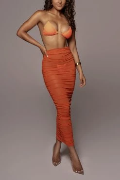JLUXLABEL BACK IN ORANGE MESH RUCHED COVER UP SKIRT