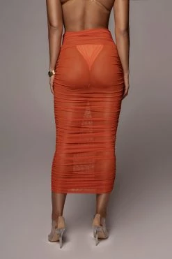 JLUXLABEL BACK IN ORANGE MESH RUCHED COVER UP SKIRT