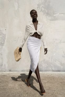 JLUXLABEL IVORY SPRING RUCHED LINEN SKIRT NEW ARRIVALS