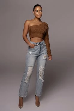 JLUXLABEL SALE BROWN SIMPLE THINGS ONE SHOULDER TOP