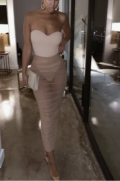 JLUXLABEL BEIGE MESH RUCHED COVER UP SKIRT