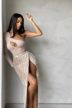 JLUXLABEL CHAMPAGNE KRISANA VELVET HIGH SLIT SKIRT