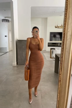 JLUXLABEL NEW ARRIVALS MOCHA MESH RUCHED COVER UP SKIRT