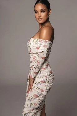 JLUXLABEL IVORY FLORAL RUCHED DRESS