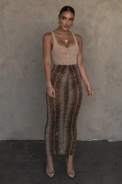 JLUXLABEL BACK IN SNAKESKIN POPPY RUCHED MESH SKIRT